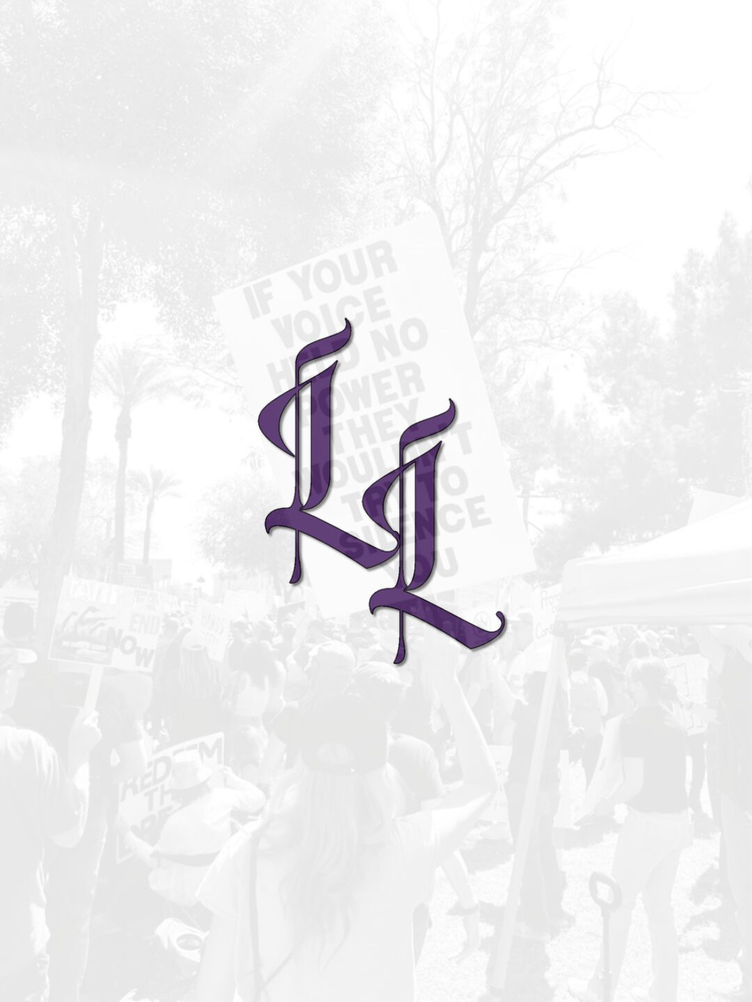 Purple stylized letters L and L with a quote in the background, outdoors with trees and people.