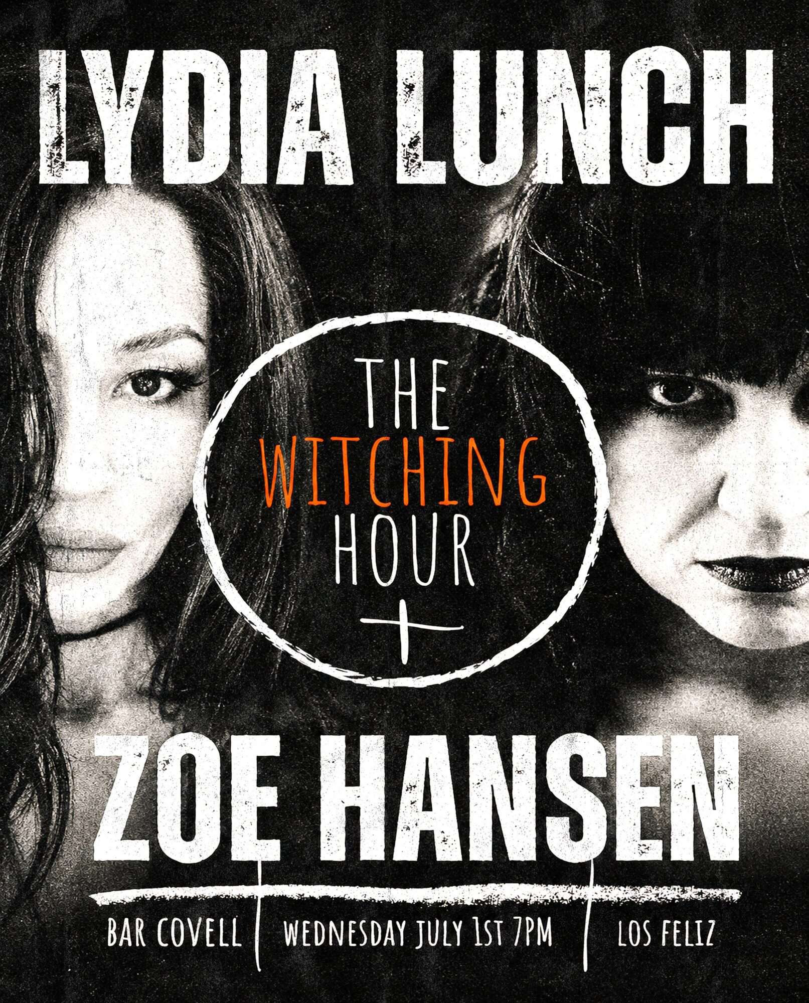 Book cover with black and white photos of two women, title 'The Witching Hour,' authors Lydia Lunch and Zoe Hansen.