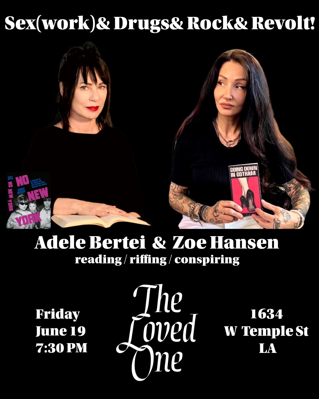 Two women holding books, with text about a performance titled 'The Loved One' on June 19 at 7:30 PM in LA.