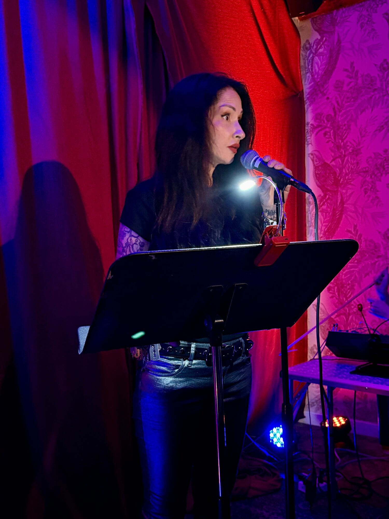 Woman singing into a microphone on stage with red and purple curtains behind her.