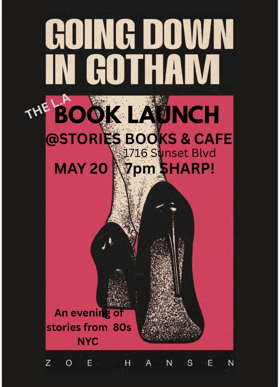Poster with black and pink background, showing black high heels and text about a book launch event on May 20.