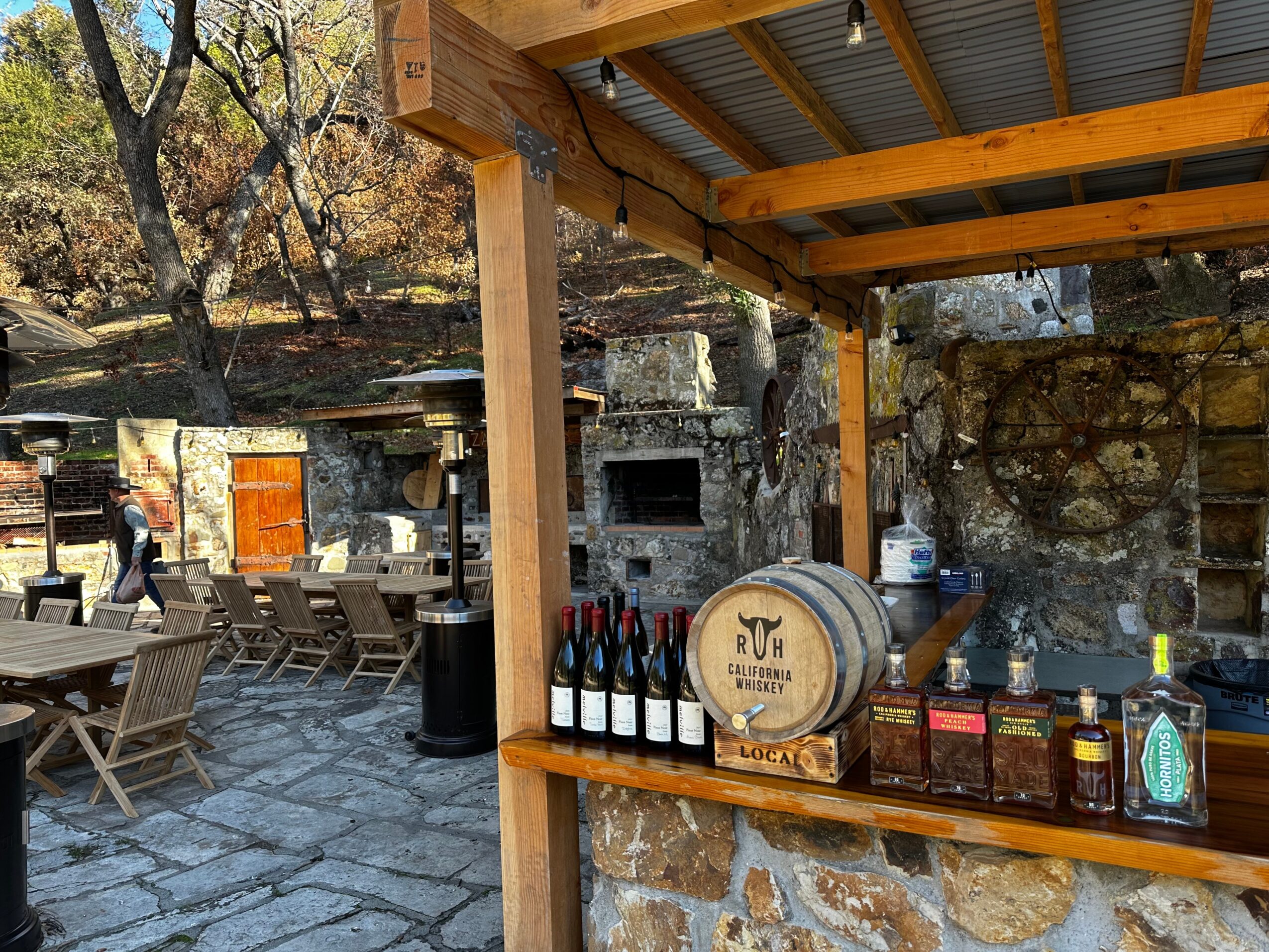 Outdoor area with wooden tables, chairs, and a stone wall with a small bar area under a wooden roof.