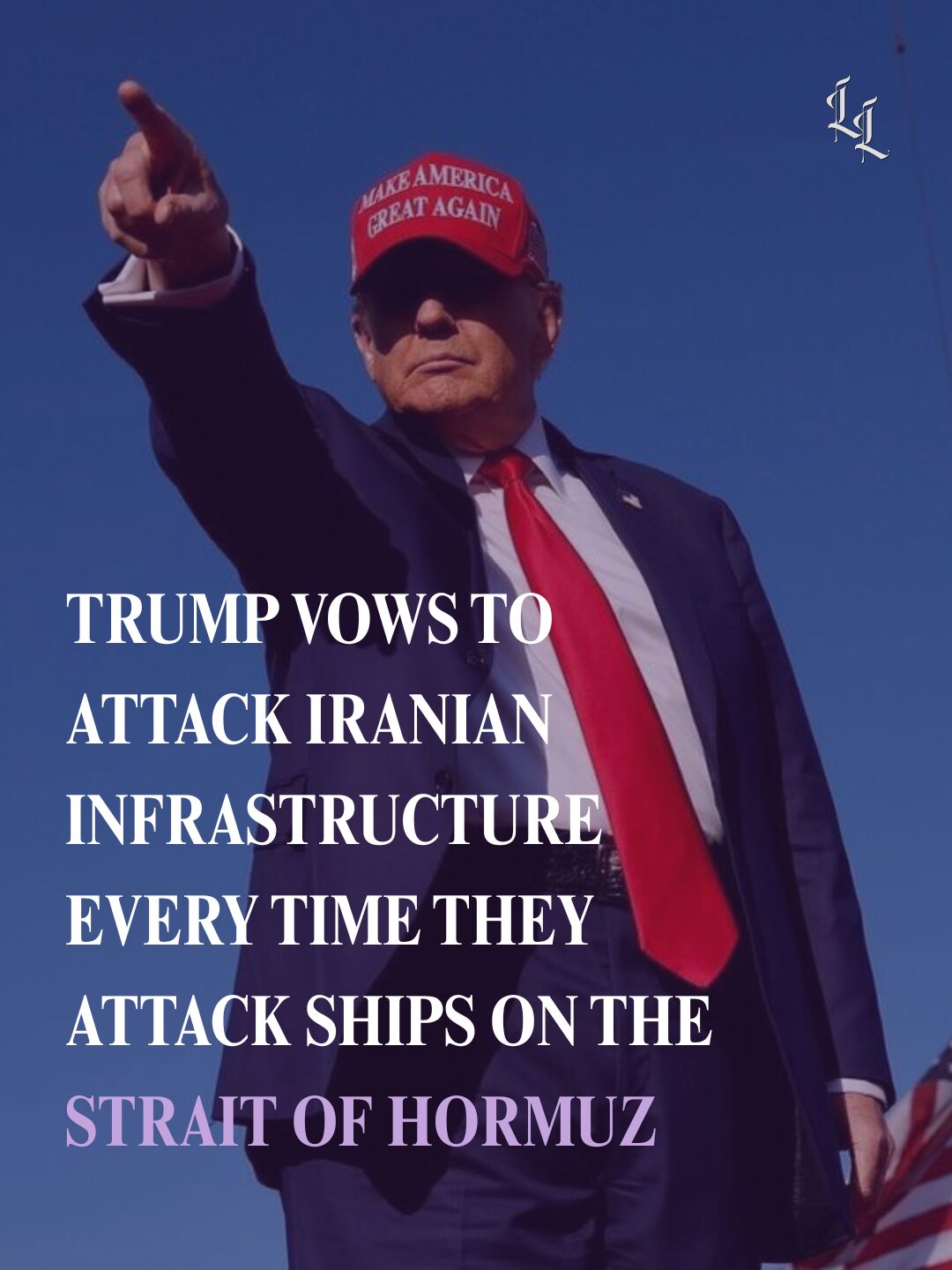 Person wearing a red hat and suit, pointing with finger, against blue sky, with text about Iran and ships.