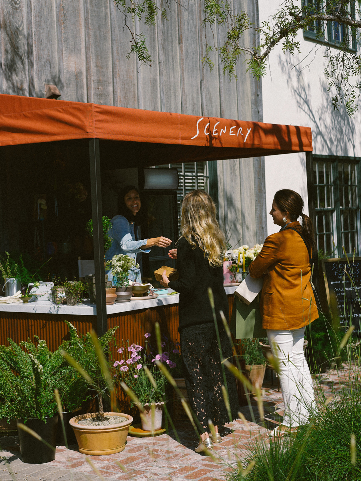 Three women stand outside a cafe with an orange awning, engaging in conversation near a table with plants.