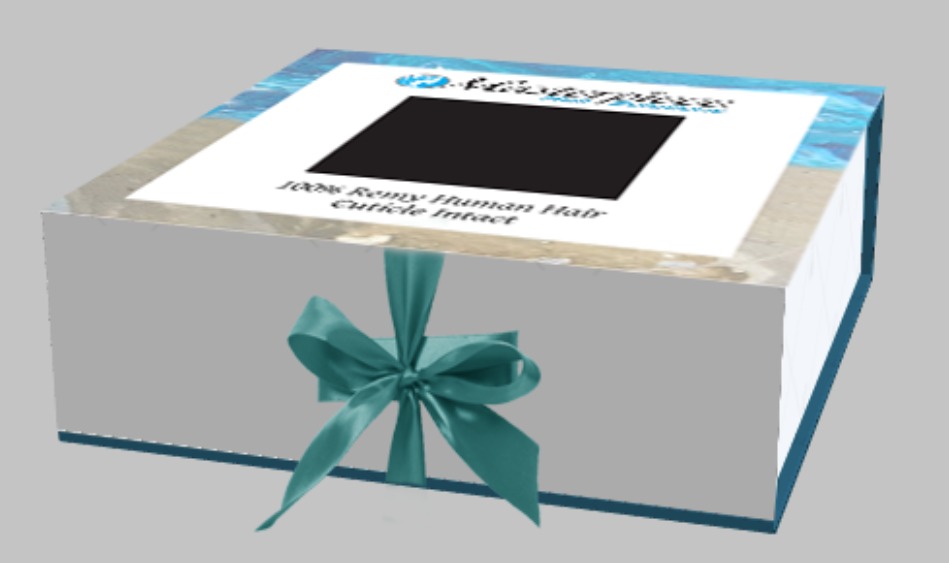 A rectangular gift box with a blue ribbon bow on the front, decorated with a blue and white design, and a blank photo frame on top.