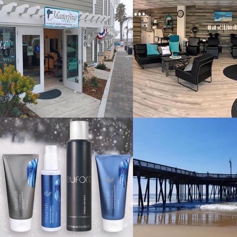 Top left: storefront with sign, top right: lounge with chairs, bottom left: hair care products, bottom right: pier over water.