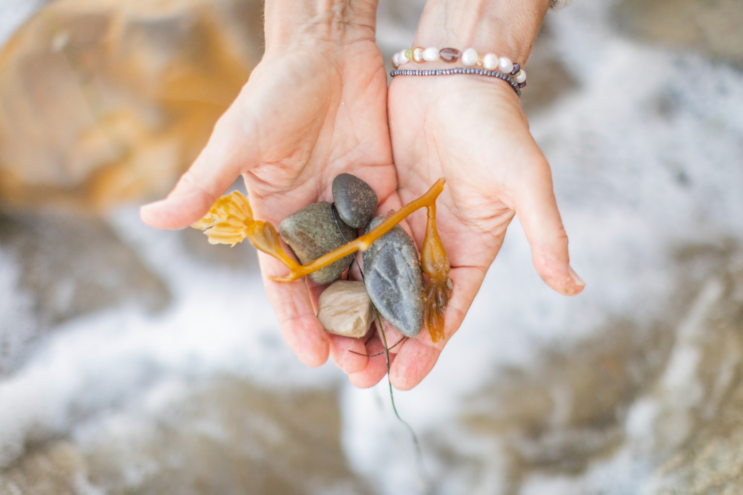 Hands holding small rocks and a yellow leaf over a flowing stream, with a ring on one finger.