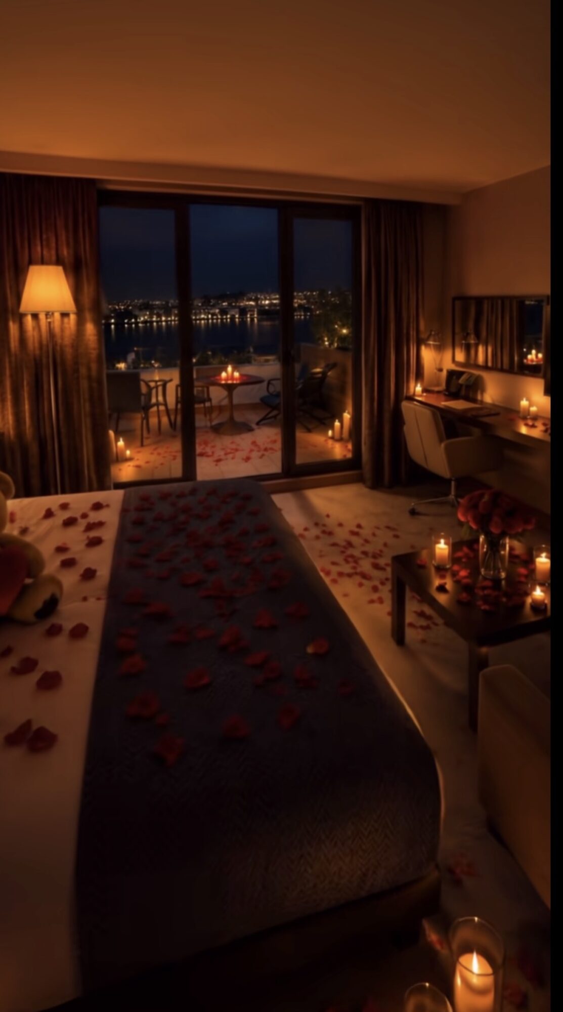 Hotel room with a bed, candles, and a view of a city at night through large windows, warm lighting, and curtains.