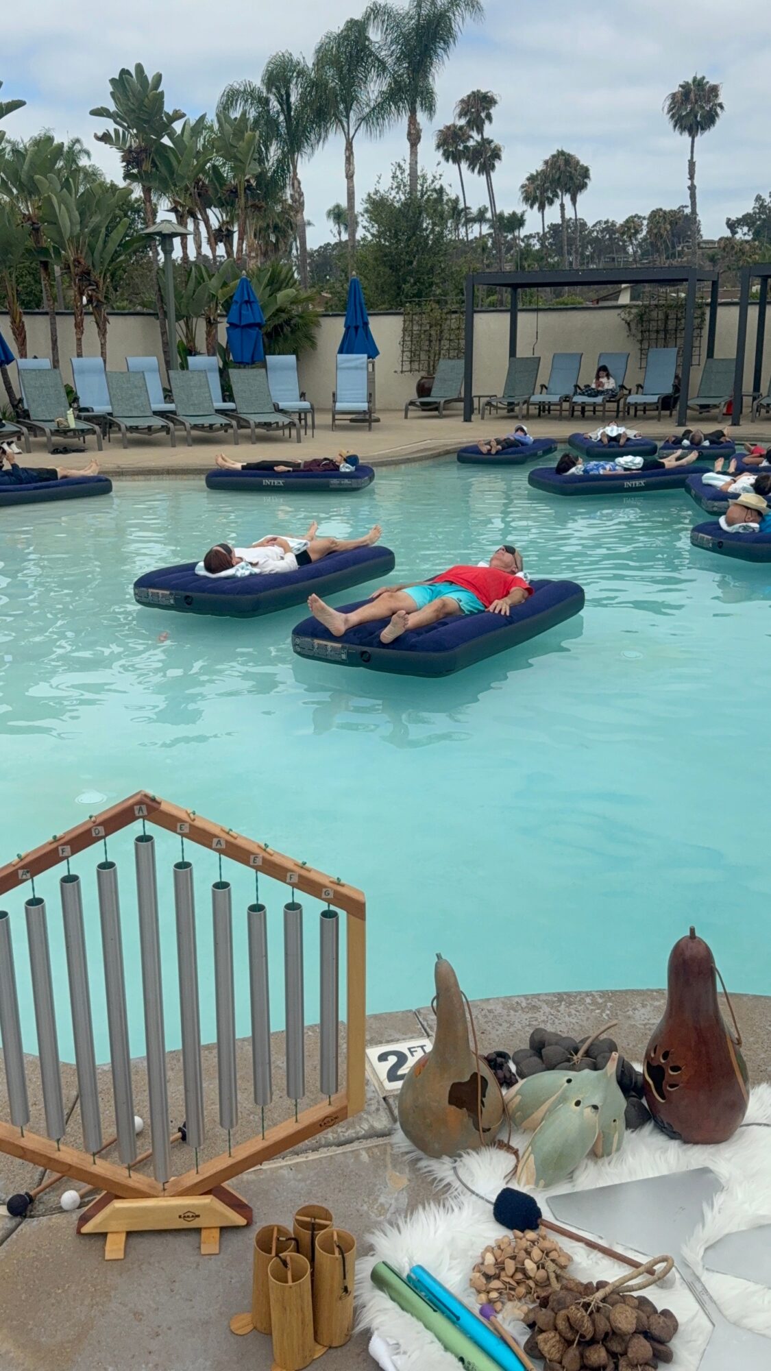 People relaxing on floating loungers in a swimming pool with palm trees and lounge chairs in the background.