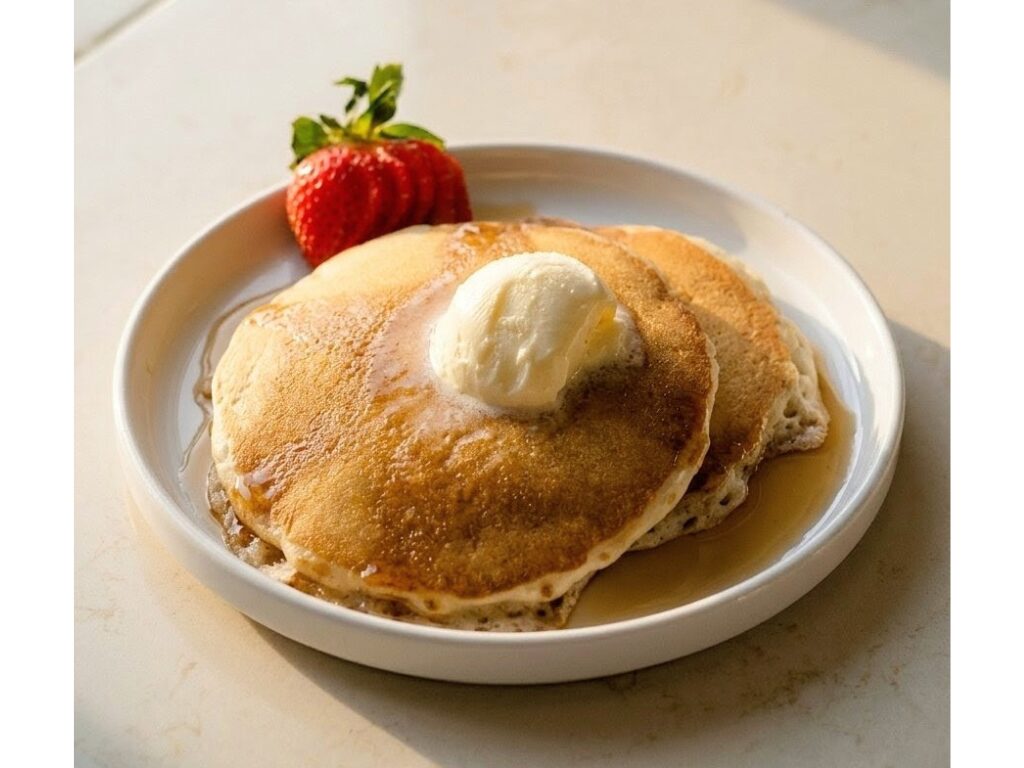 Pancakes topped with butter, served with a strawberry and mint on a white plate.