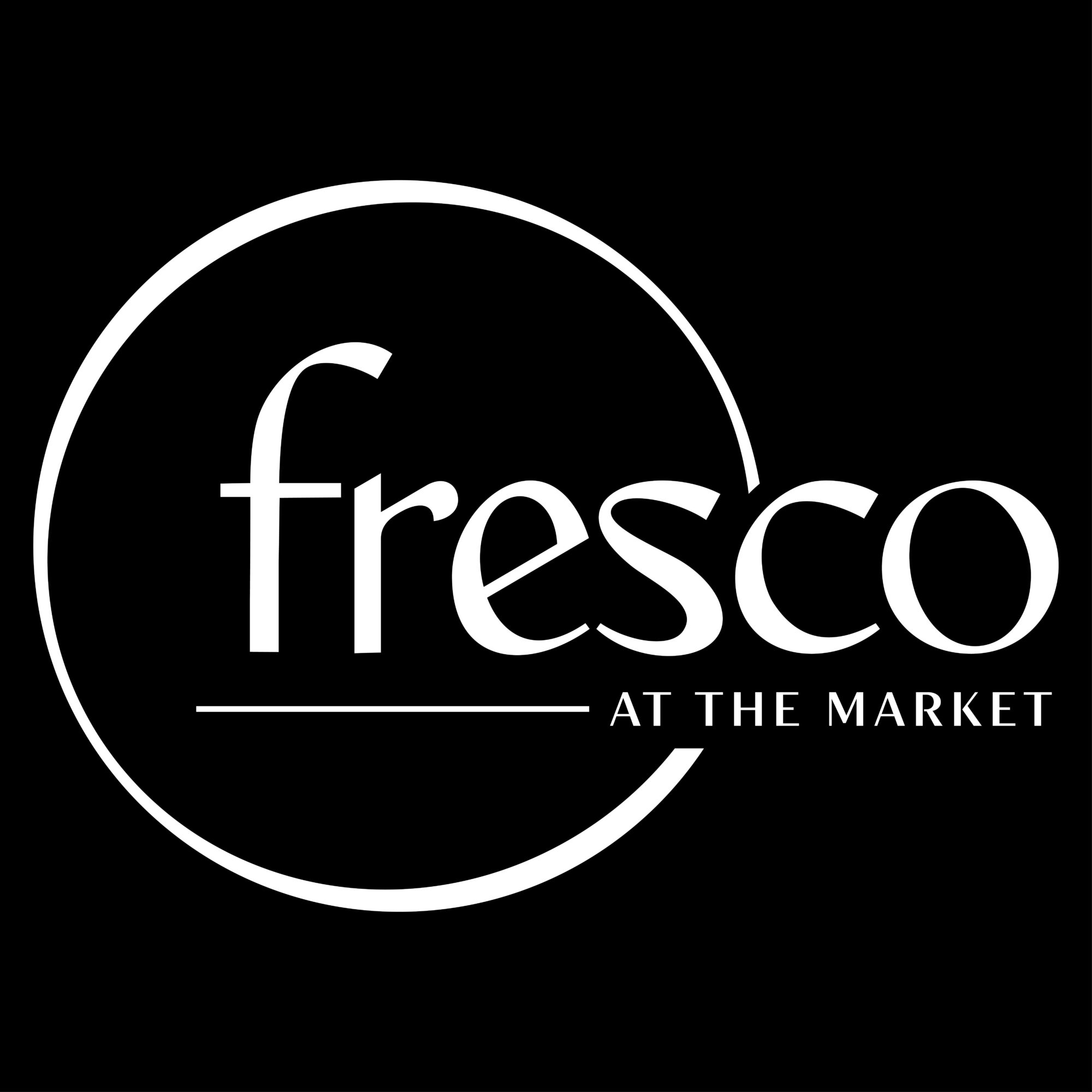 Fresco logo with text 'fresco at the market' inside a circle on a black background.
