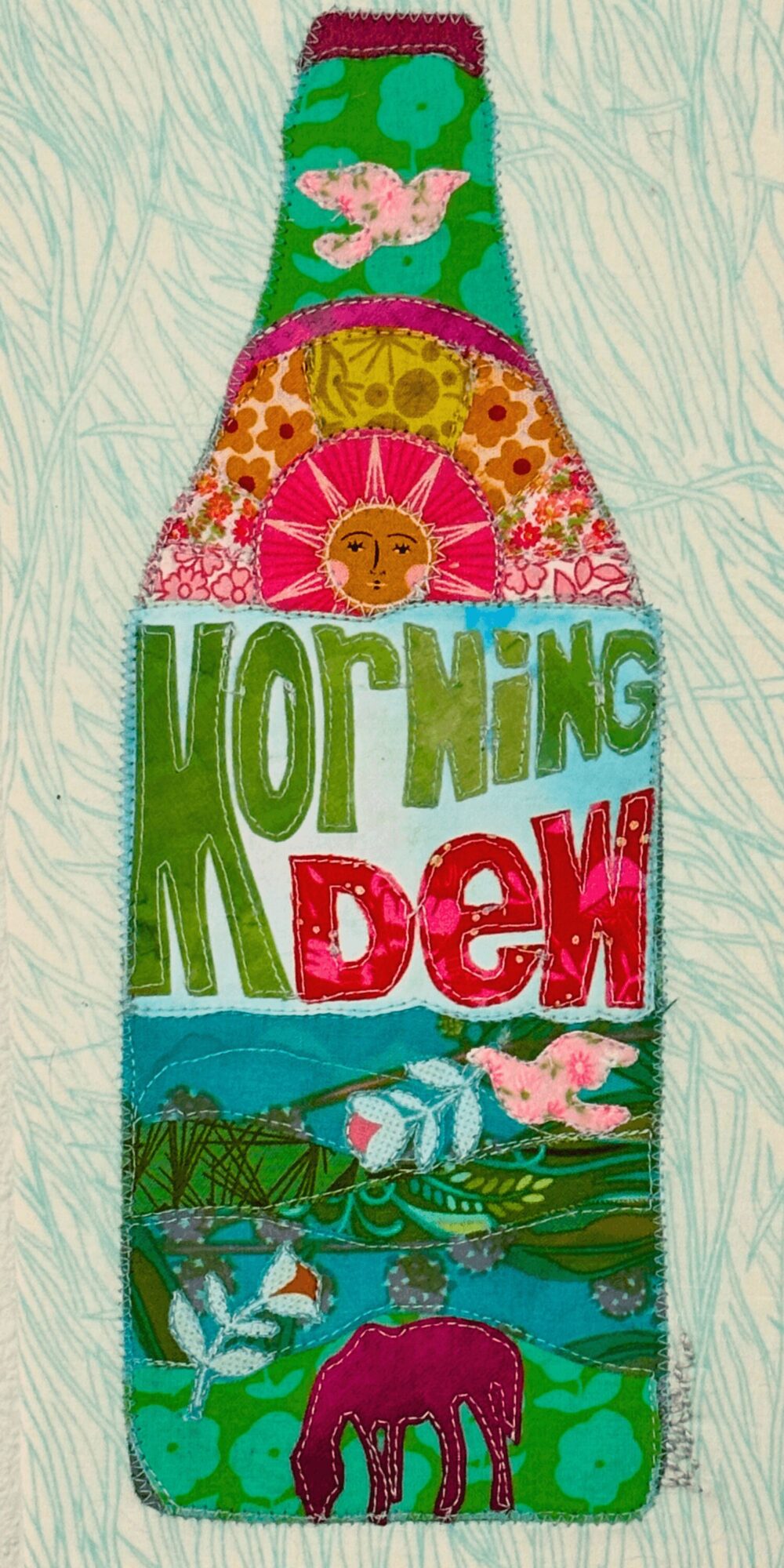 Colorful bottle-shaped artwork with animals, sun, and text reading 'Morning Milk', featuring vibrant patterns and illustrations.