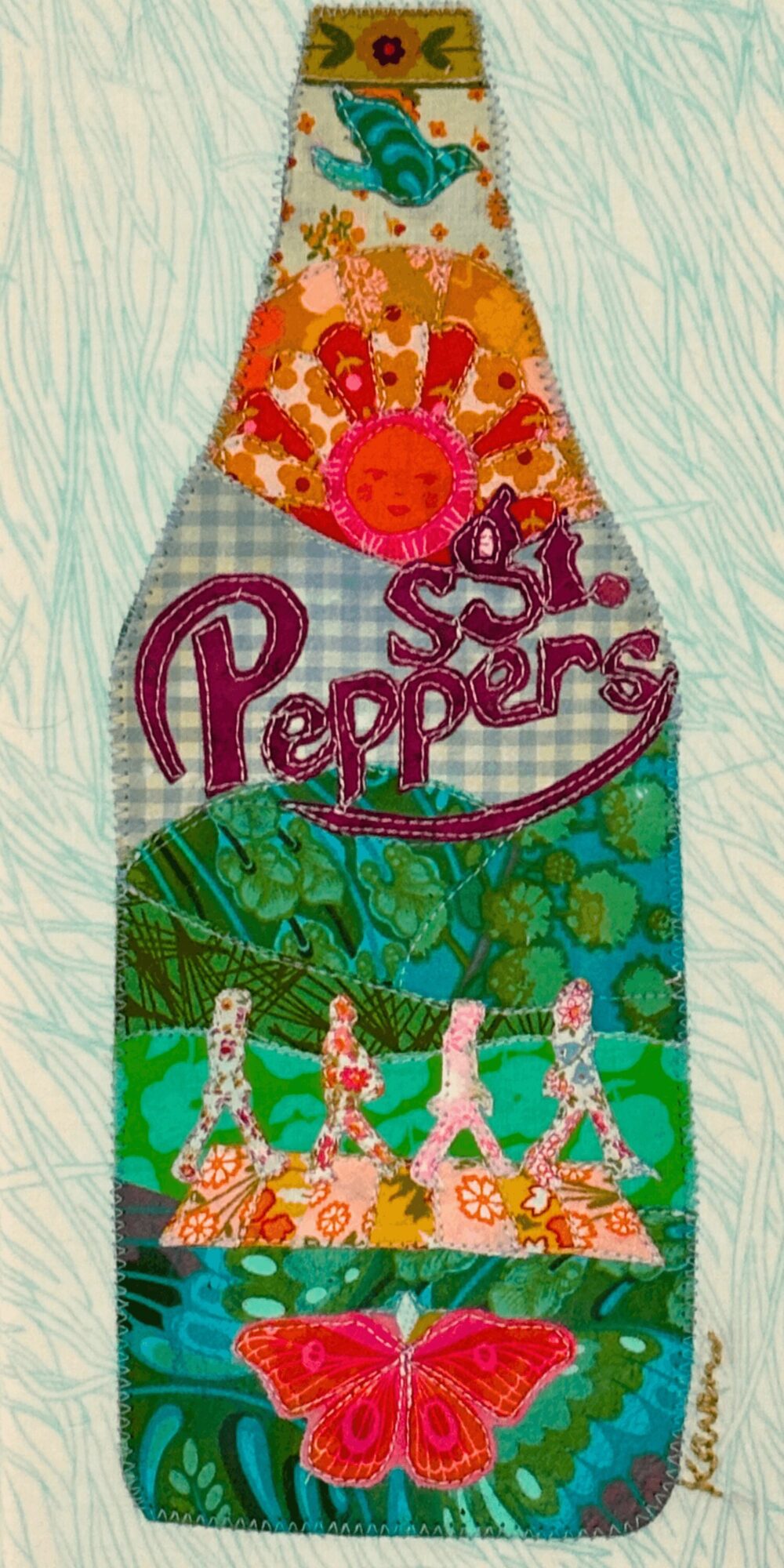 Colorful bottle-shaped design with flowers, a butterfly, and the word 'Peppers' in vibrant colors.