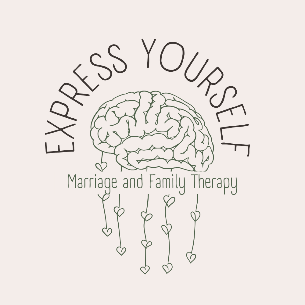 A brain illustration with hanging heart-shaped symbols, text reads 'Express Yourself' and 'Marriage and Family Therapy'.