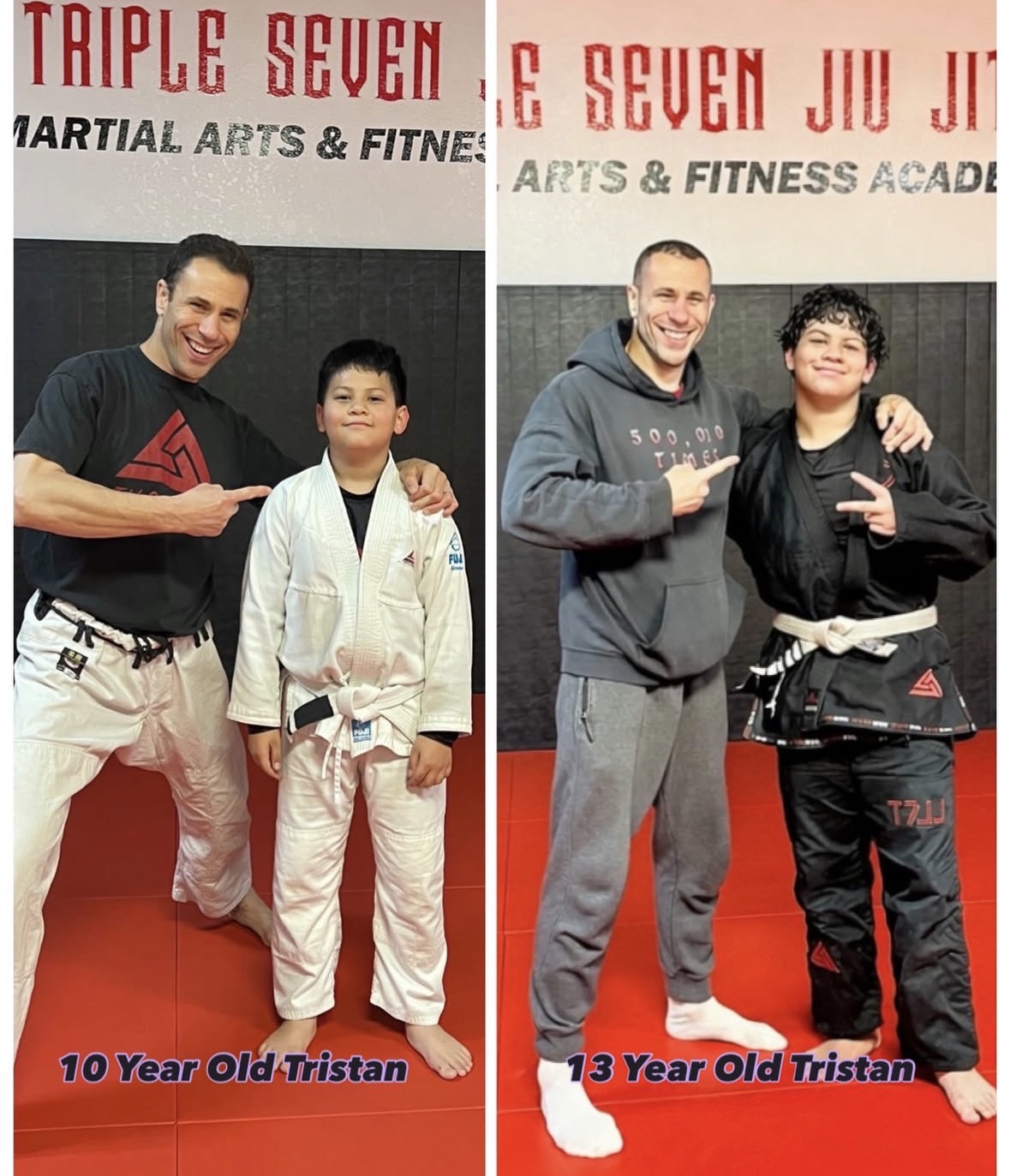 Two pairs of people, a man and a boy in a martial arts uniform, smiling and posing indoors. Text indicates ages of 10 and 13 years old. Alt_text_word_count: 27, confidence: 0.9