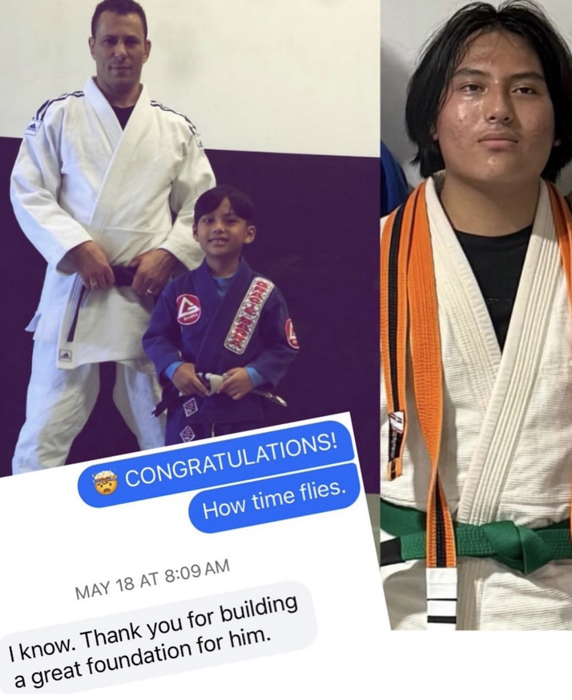 Two people in martial arts uniforms, one adult and one child, standing together indoors. The adult is taller and has short hair. The child is smaller with a medal around their neck. A congratulatory message and a thank you note are visible in the image.
