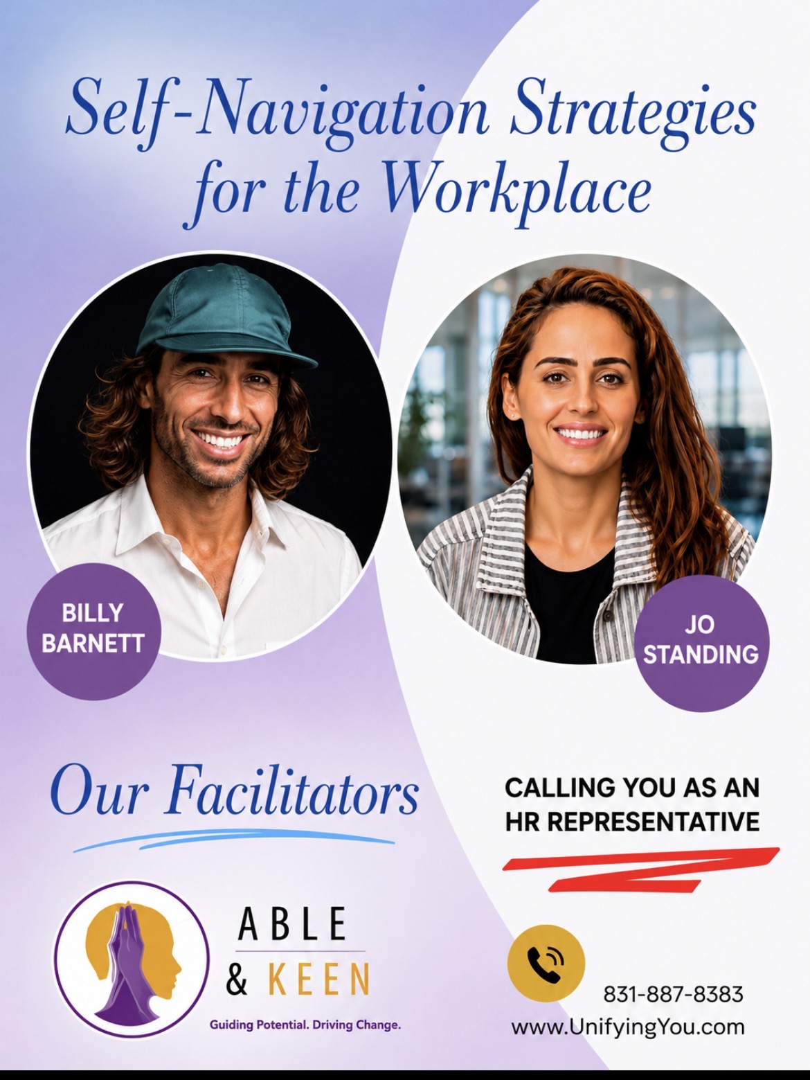 Book cover titled 'Self-Navigation Strategies for the Workplace' featuring two smiling people, Billy Barnett and Jo Standing, with contact information.