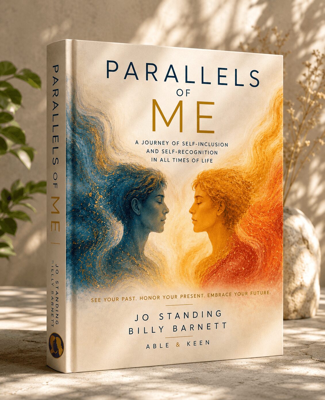 Book titled 'Parallels of Me' with two faces looking at each other, surrounded by colorful abstract backgrounds, outdoors with sunlight and plants.