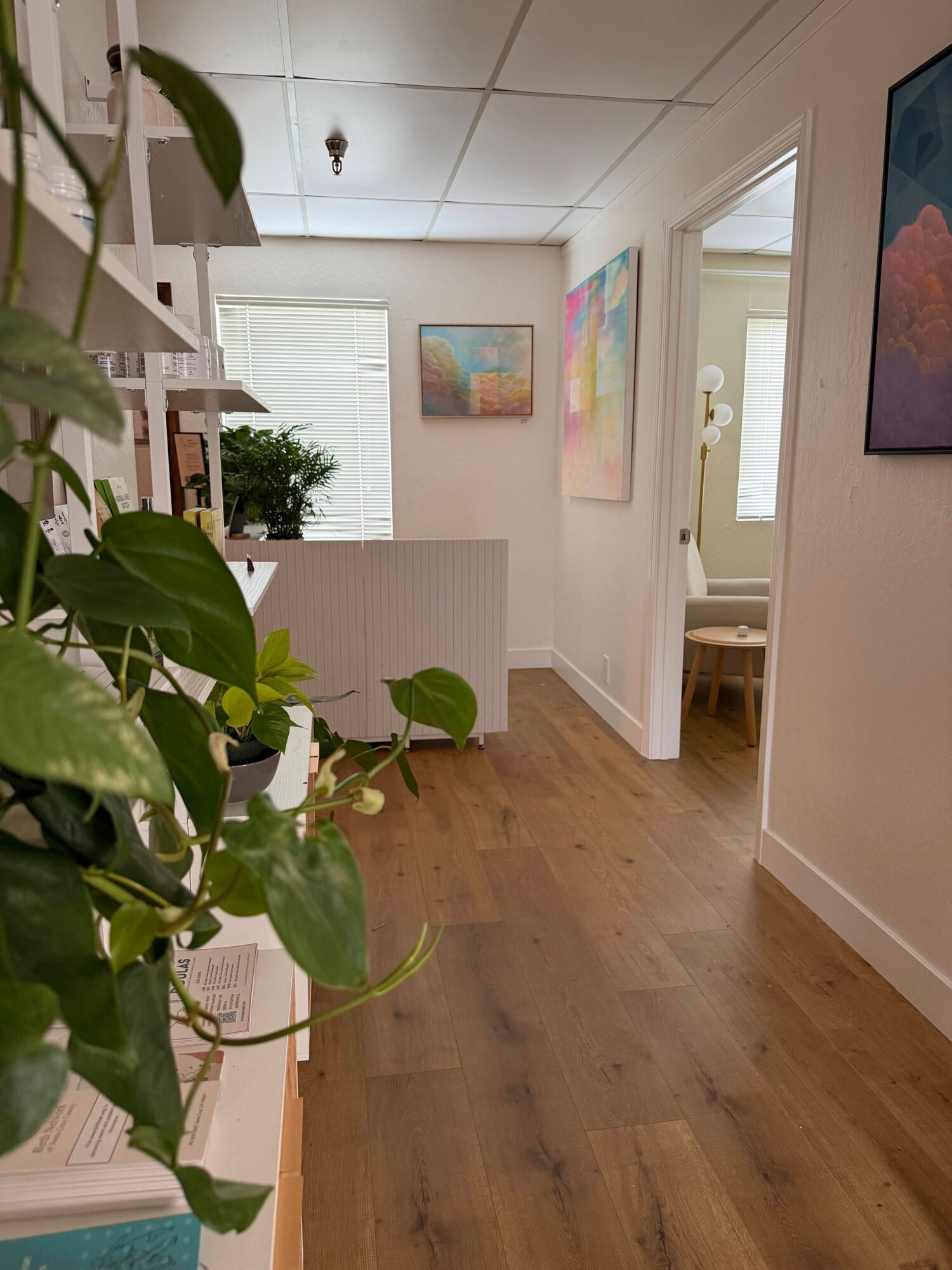 Interior view of a room with wooden flooring, artwork on walls, a window with blinds, and a potted plant in the foreground.