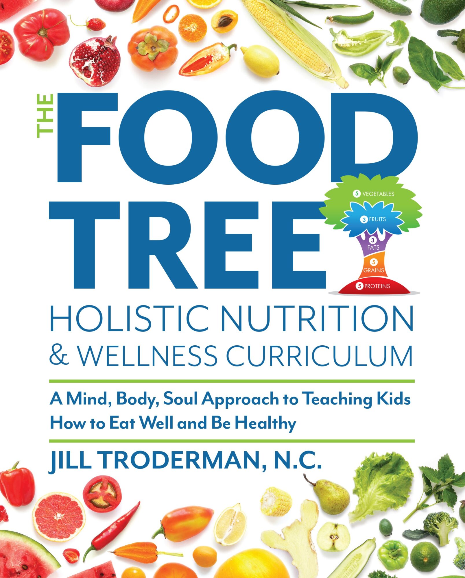 Book cover titled 'The Food Tree' with images of fruits and vegetables, subtitle about holistic nutrition and wellness, author Jill Troderman.