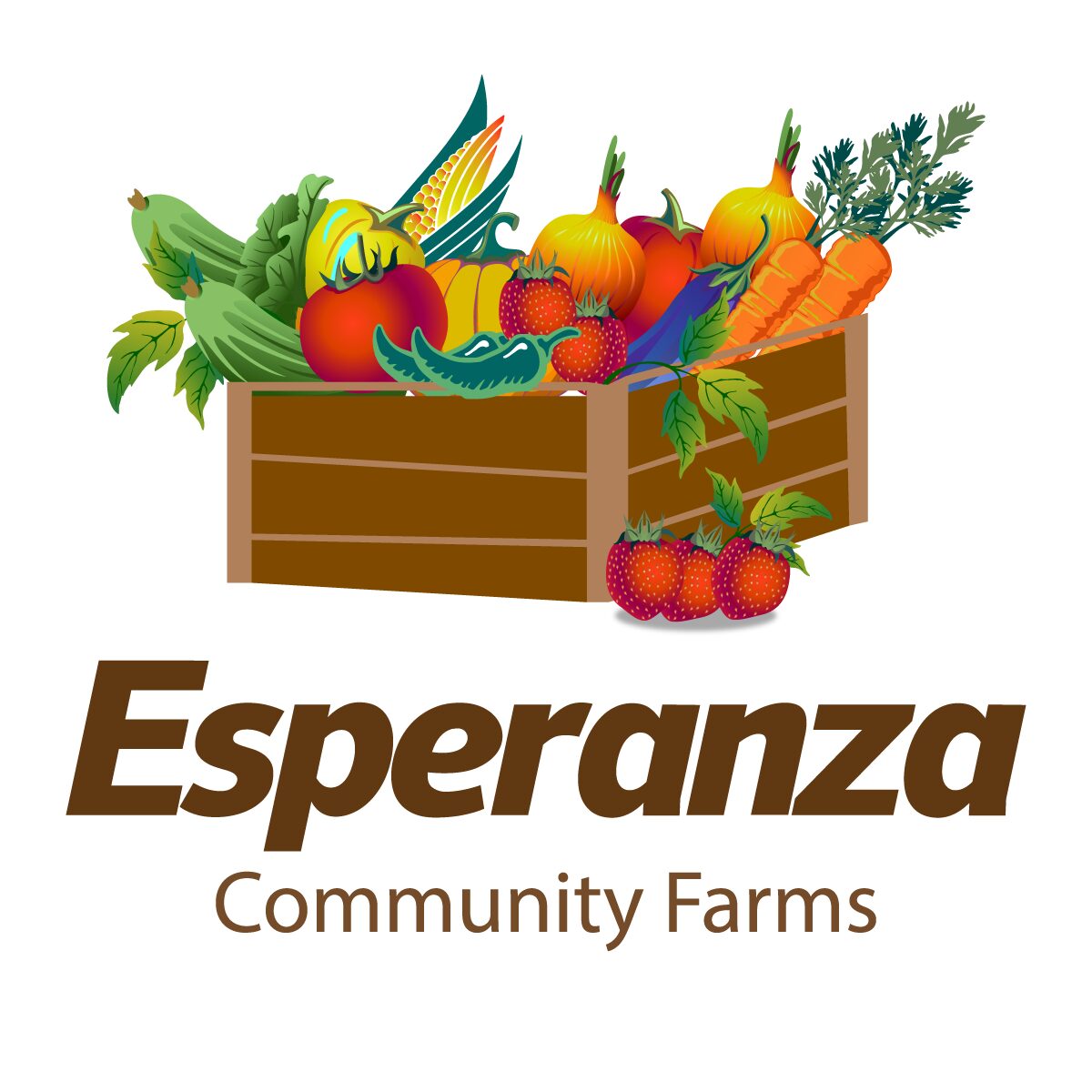 Wooden crate filled with colorful vegetables and fruits, with the text 'Esperanza Community Farms' below.