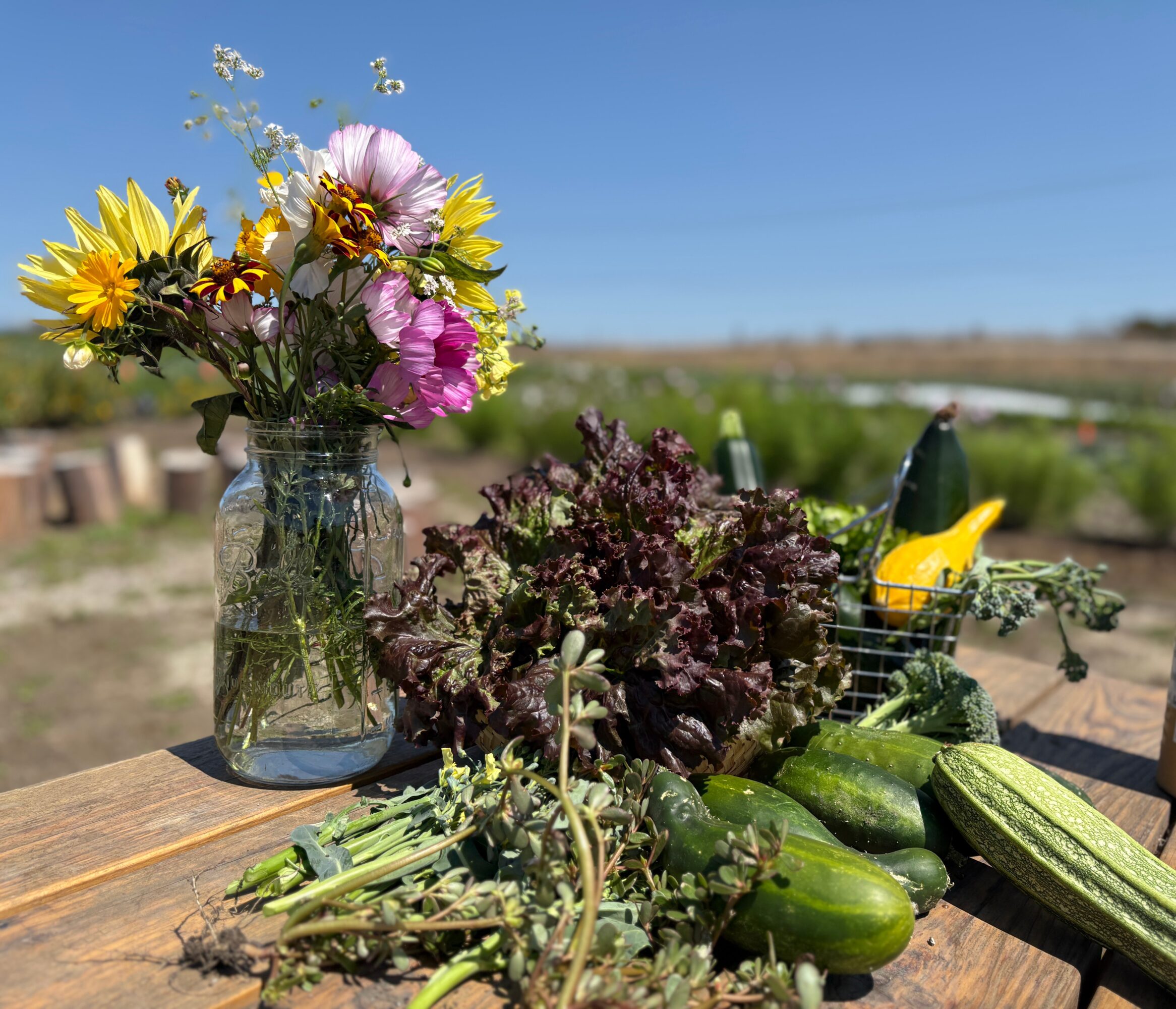 Vase with colorful flowers, fresh vegetables, and a bottle of champagne on a wooden table outdoors.