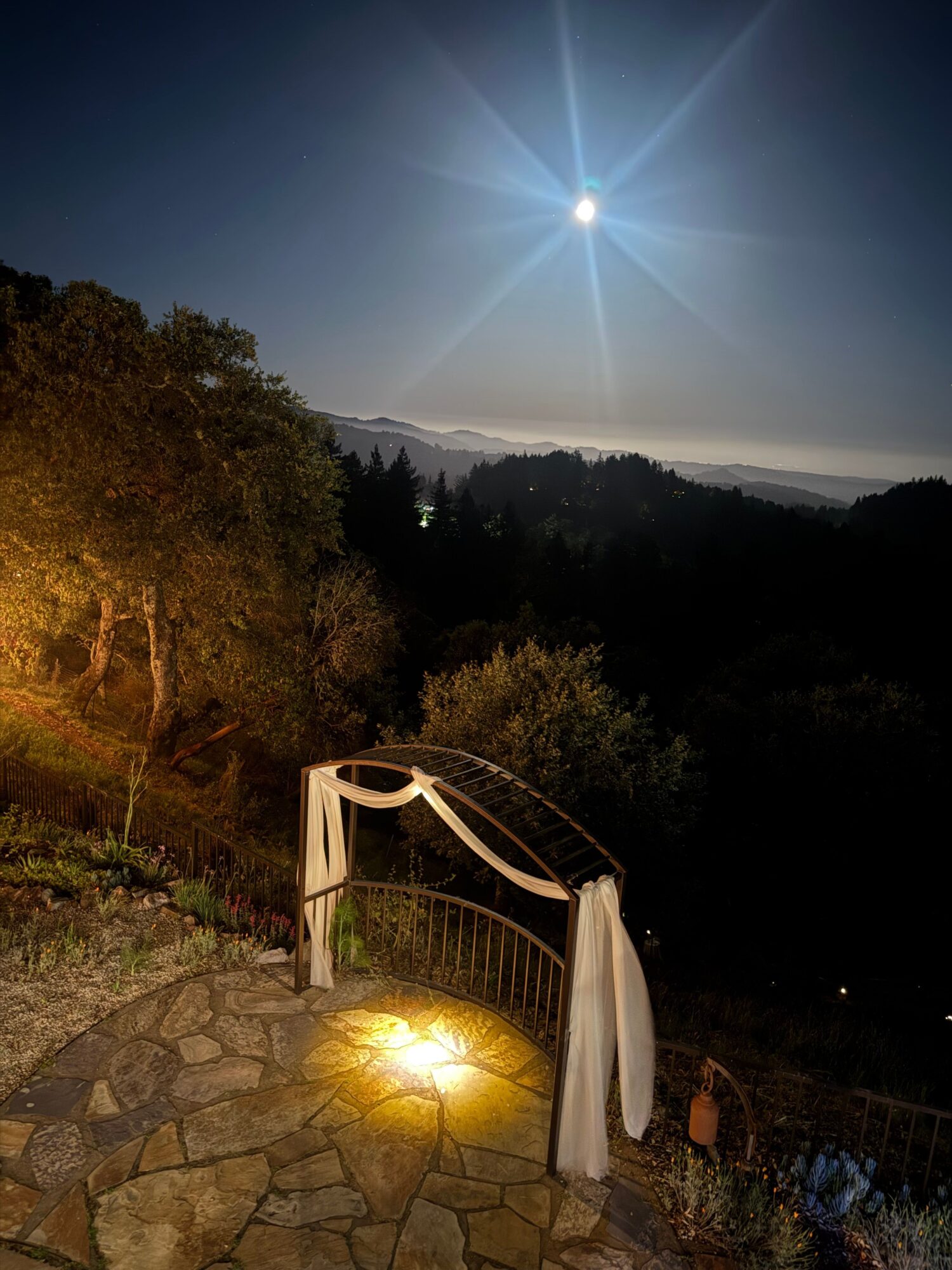 Night scene with bright moon, trees, and a white outdoor chair on a stone patio illuminated by a light.