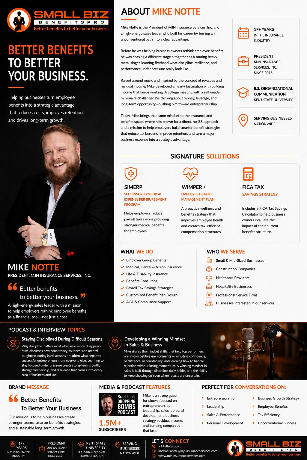 Business flyer featuring a smiling man in a suit, with sections about benefits, services, and contact information, and icons for communication.