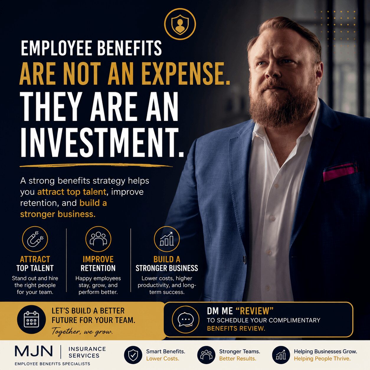 Man with beard in suit looking to the side, dark background, text about employee benefits and investment, icons for talent, retention, teamwork.