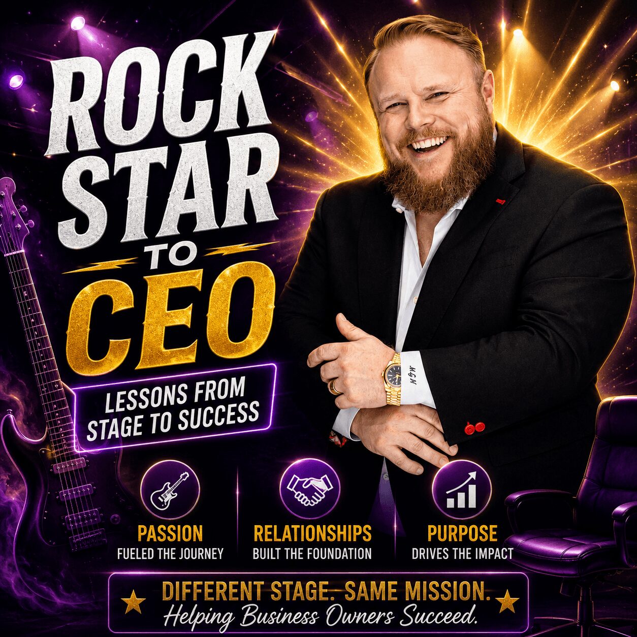 Man with a beard in a suit smiling, with a colorful stage background, holding a microphone, promoting a business event.