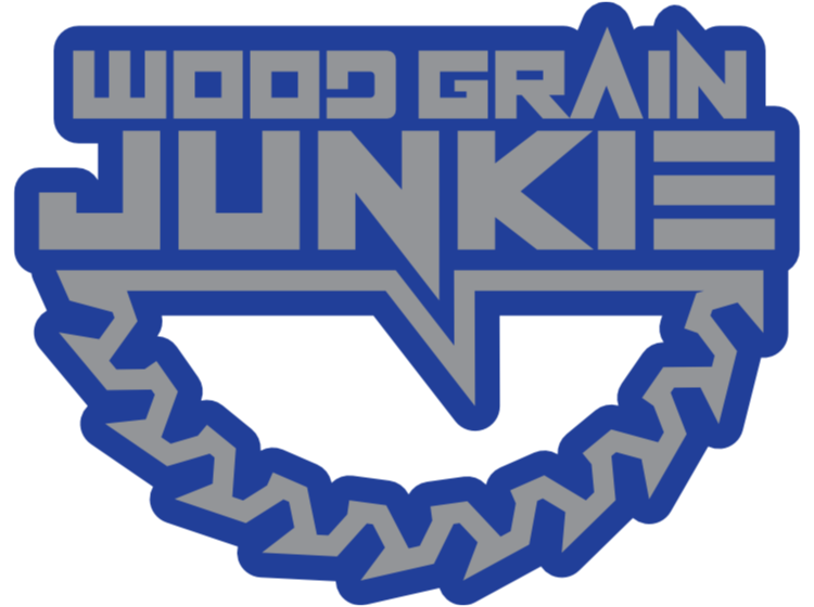 Logo with text 'Wood Grain Junkie' and gear-like border, blue and dark blue colors.