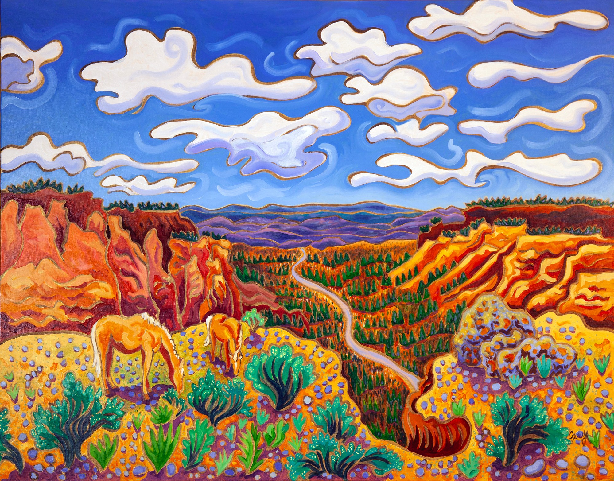 Colorful landscape with mountains, trees, clouds, and grazing horses under a bright sky.
