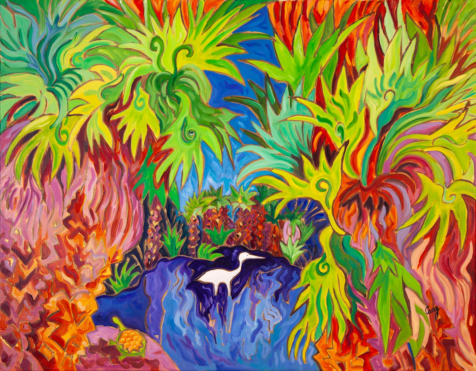 Colorful jungle scene with lush green foliage, a small waterfall, and vibrant plants, in a bright, abstract style.