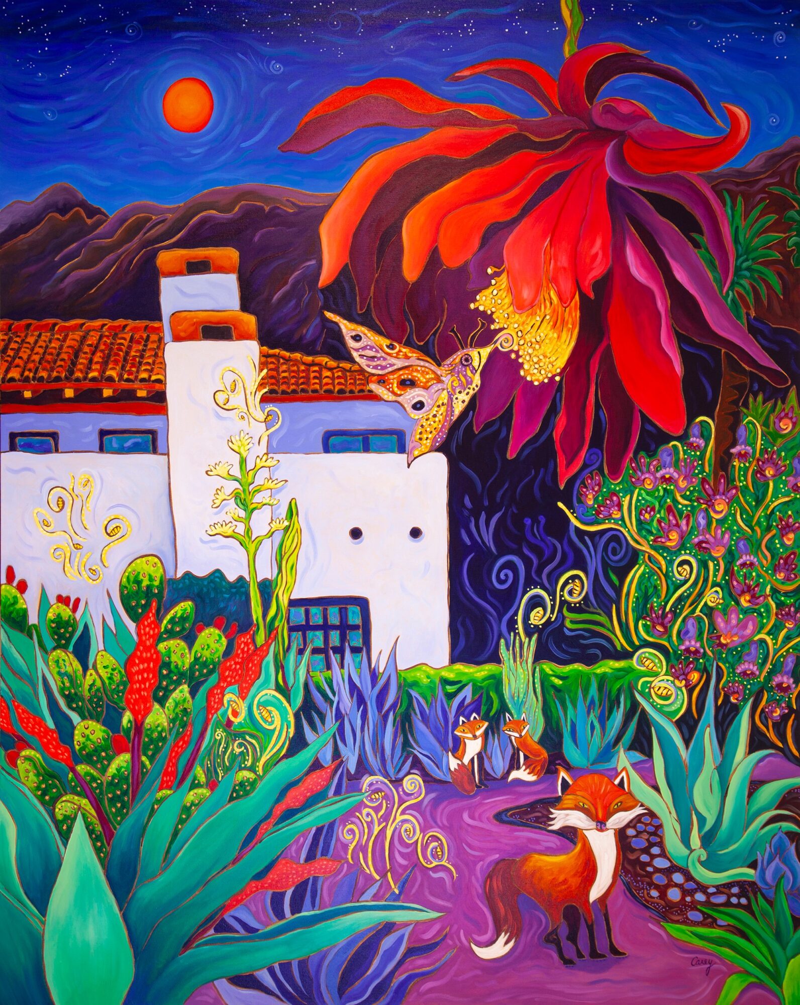Colorful landscape with a large red flower, white buildings, a hummingbird, foxes, and lush plants under a night sky with a red moon.