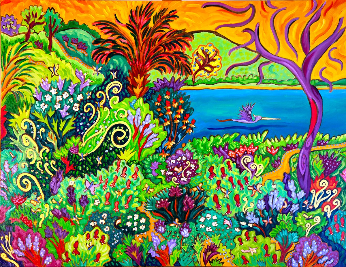 Colorful landscape with lush plants, trees, and a lake in the background, vibrant and abstract style.