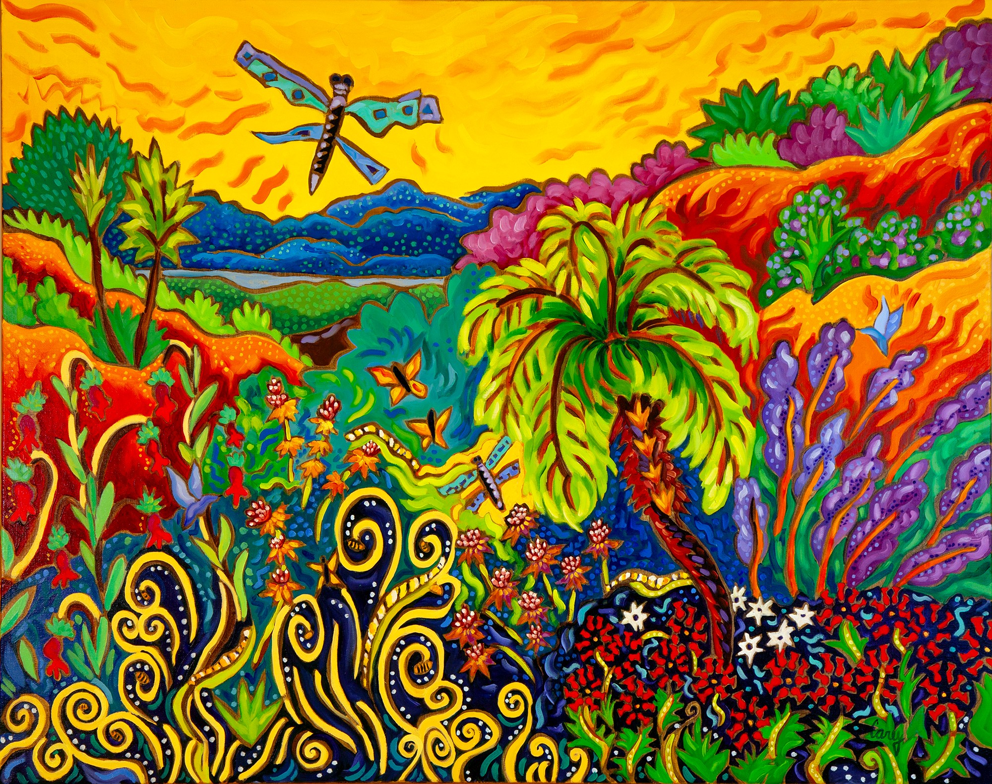 Colorful landscape with trees, flowers, a dragonfly, and a bird flying in a vibrant sky.