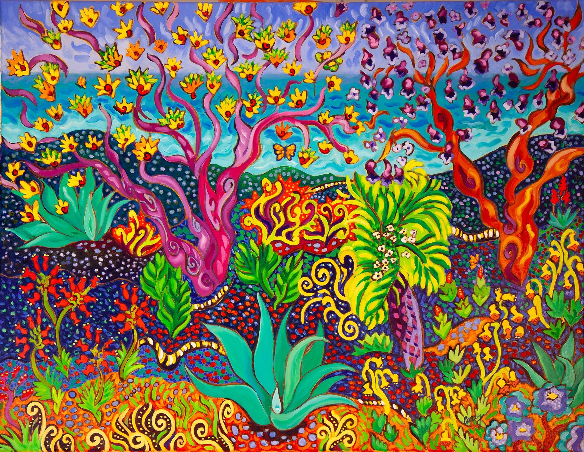 Colorful, detailed painting of a vibrant, fantastical garden with various trees, plants, and flowers in bright colors.