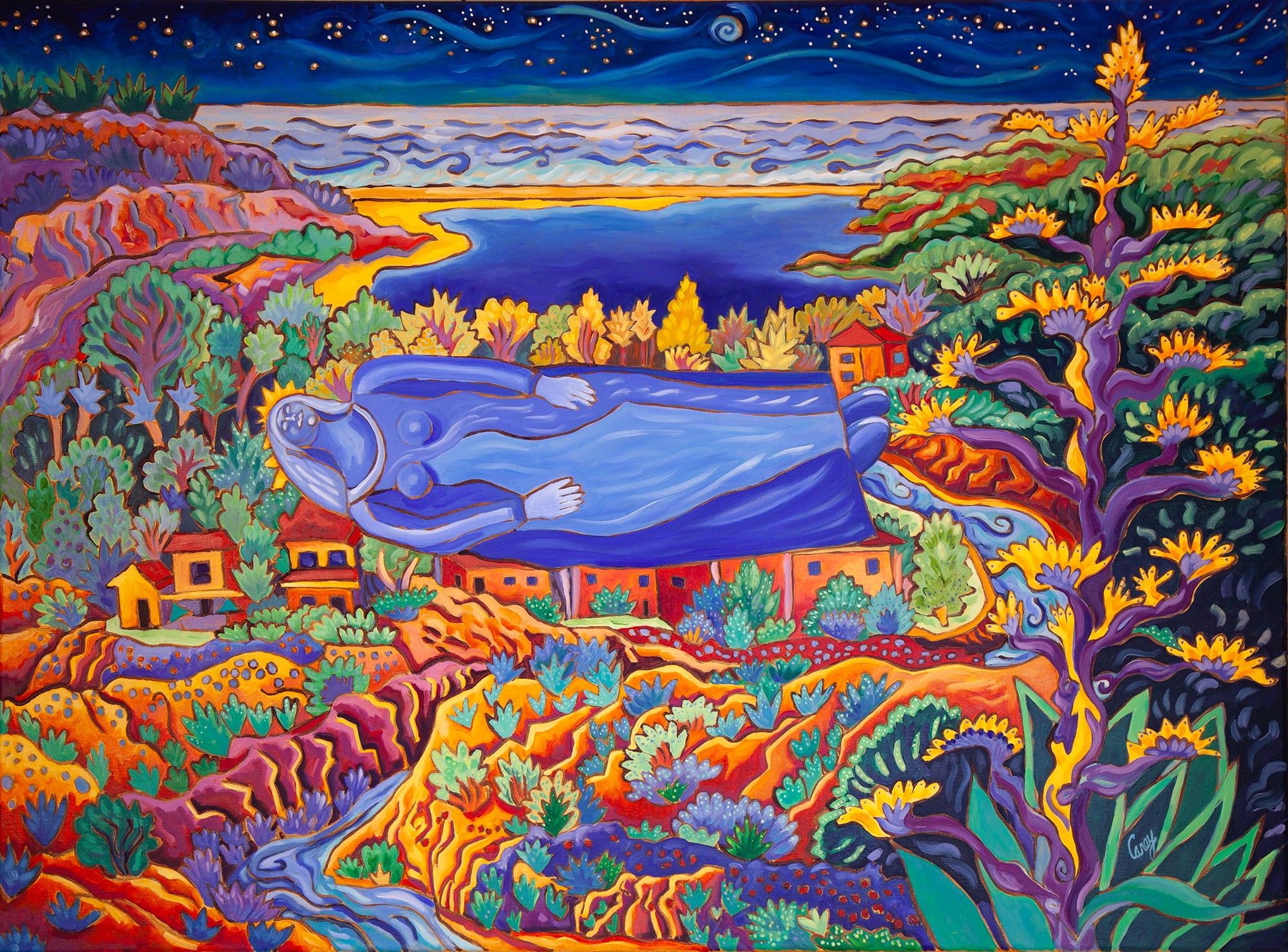 Colorful landscape with a large blue whale floating above hills, houses, trees, and a starry sky.