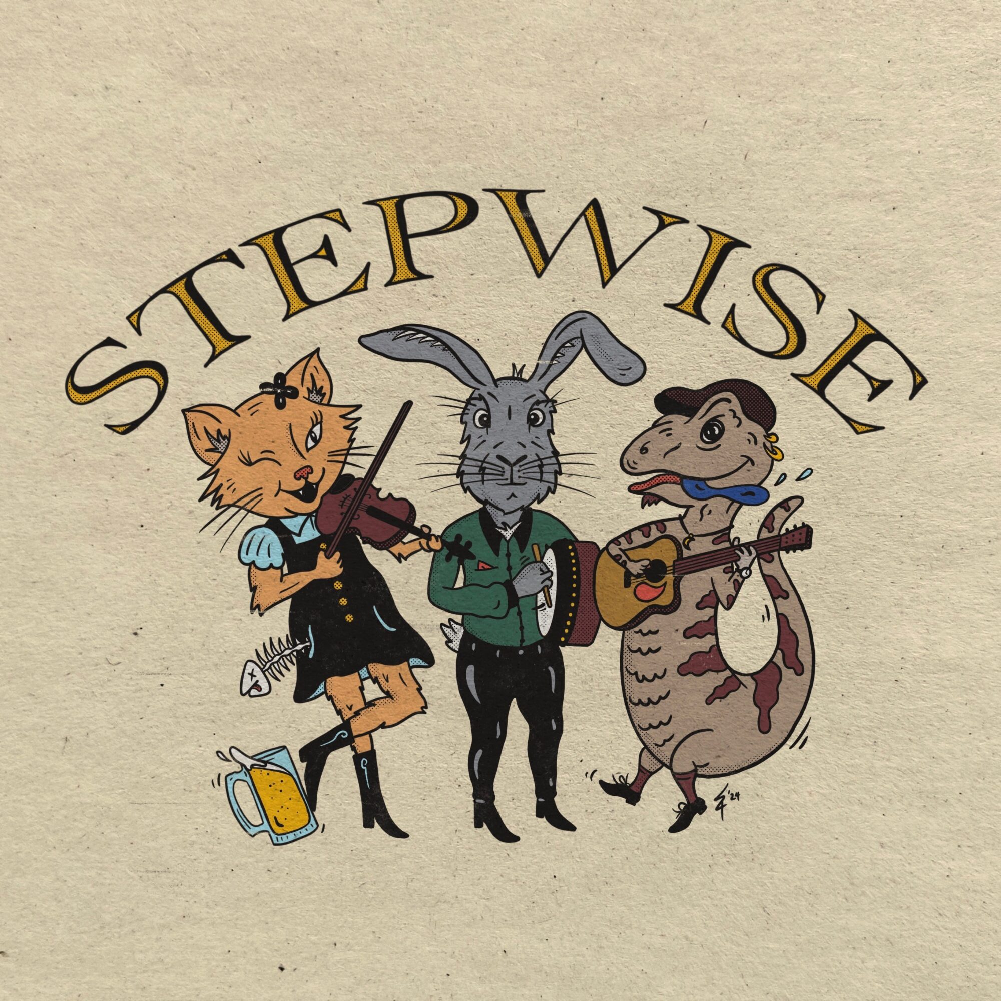 Three anthropomorphic animals playing musical instruments, with the word 'STEPWISE' above them, on a beige background.