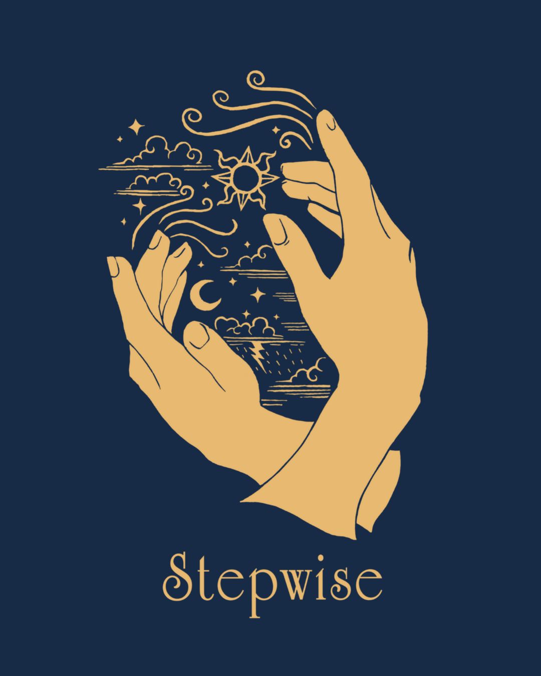 Two hands gently hold a sun, clouds, and stars, with the word 'Stepwise' below, on a dark background.