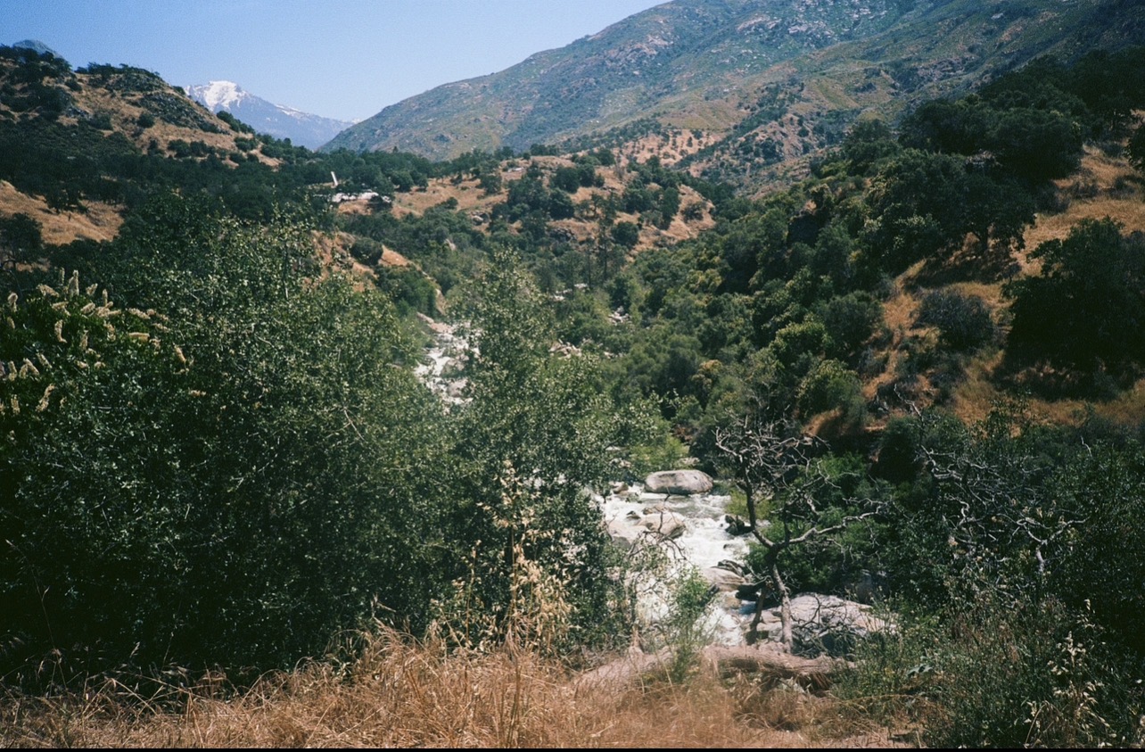 Mountain landscape with trees, river, and hills under a blue sky.
