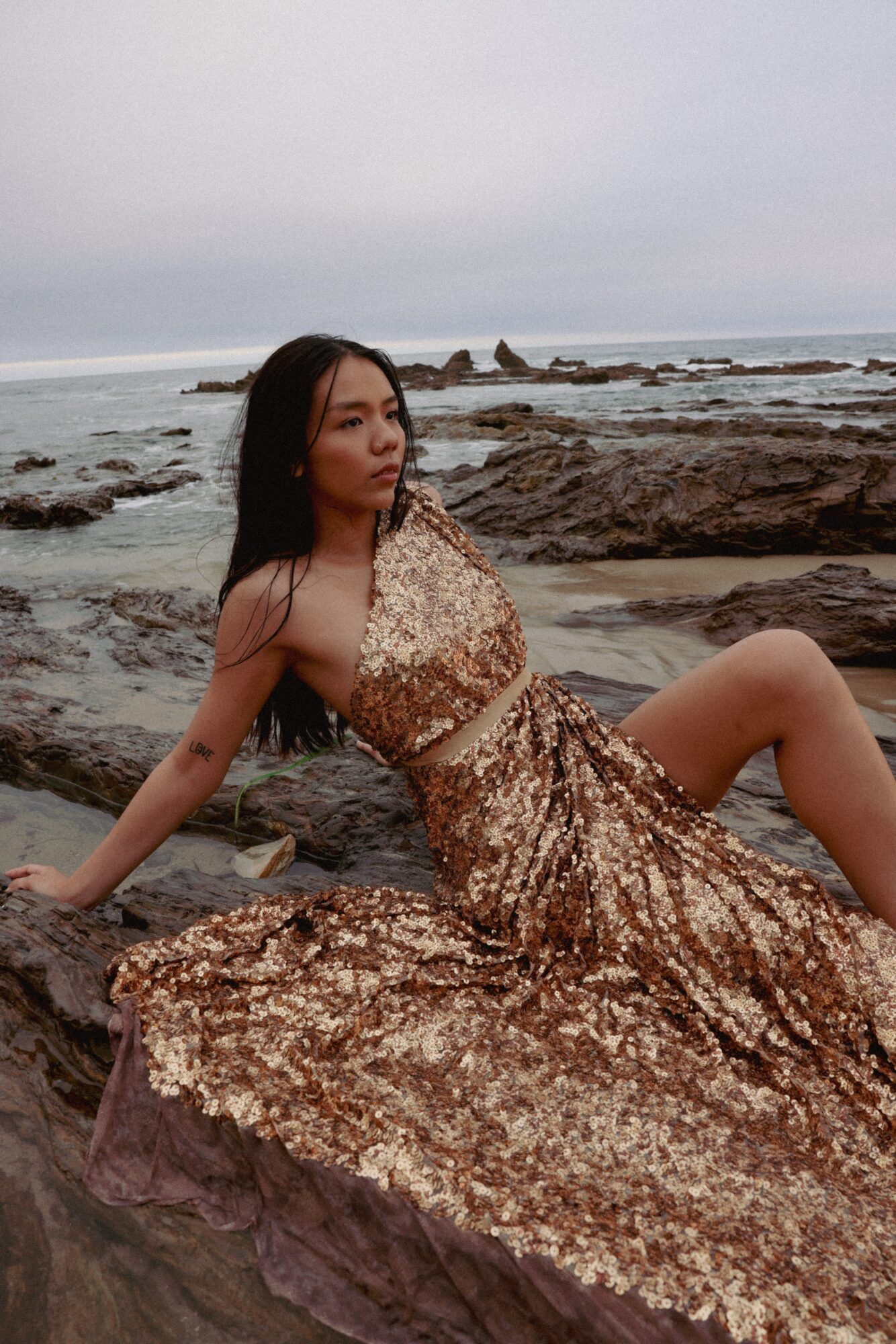 Woman in a gold sequin dress sitting on rocks by the ocean, overcast sky, rocky shoreline in background.
