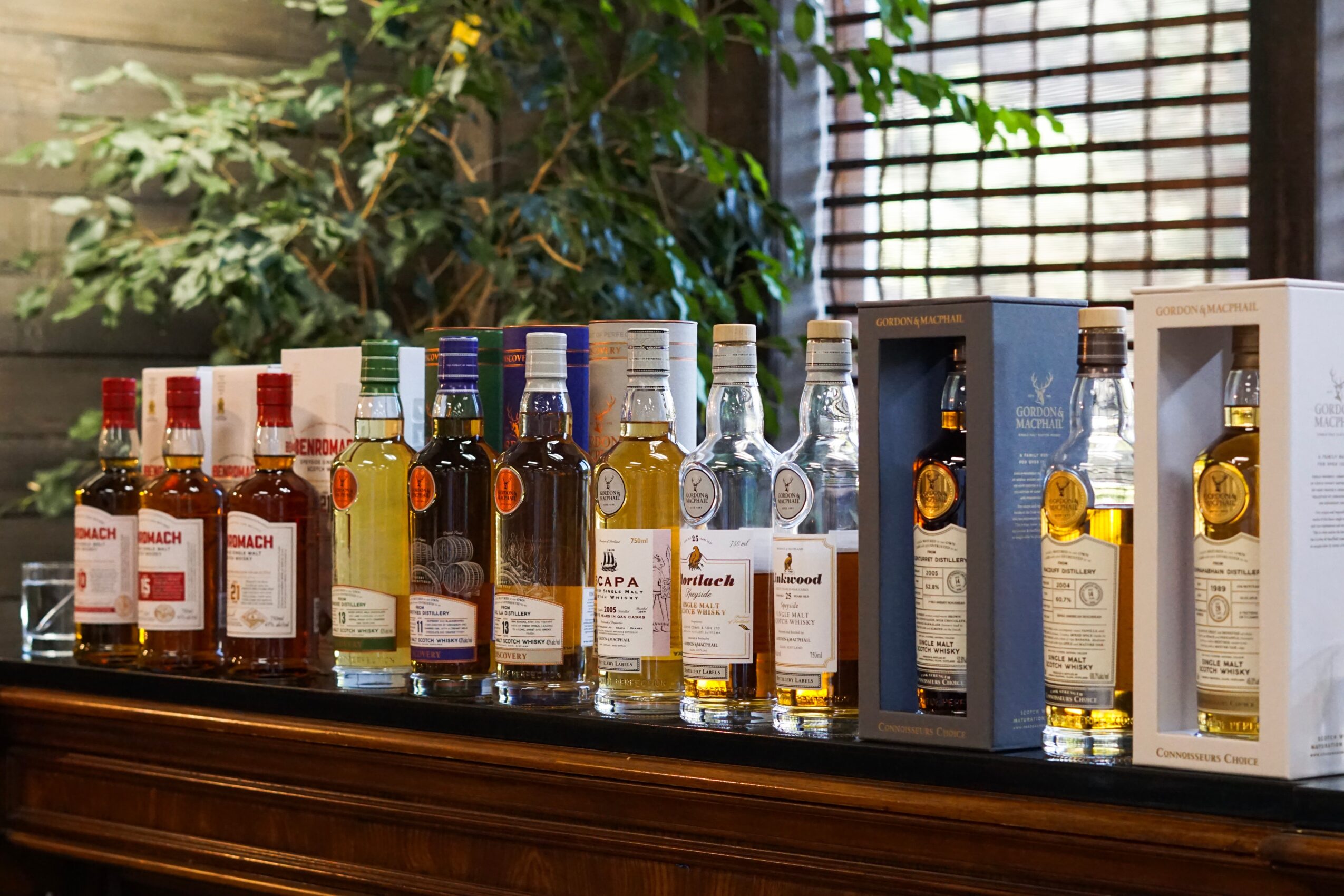 Row of various bottles of alcohol on a wooden surface with plants and window in background.