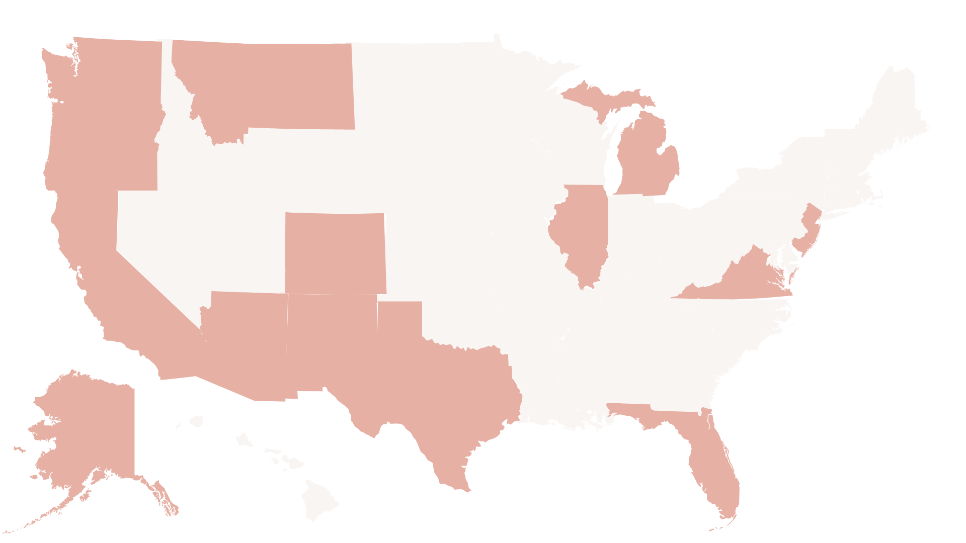 Map of the United States with some states shaded in light red, others unshaded.