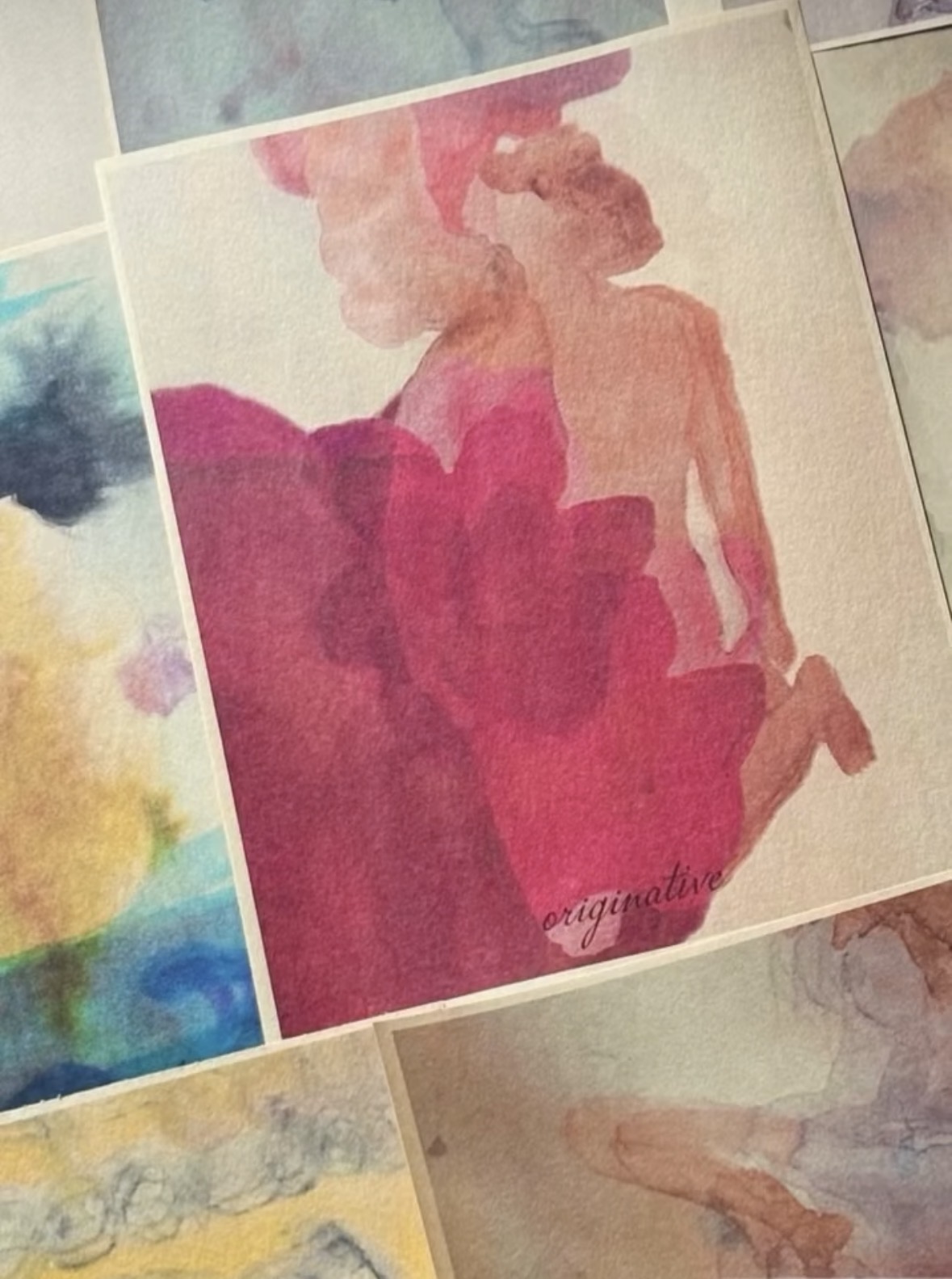 Watercolor illustration of a woman with pink hair wearing a pink dress, sitting with her legs crossed.