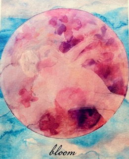 Abstract watercolor painting with pink, purple, and blue hues, featuring a circular shape and the word 'bloom' below.