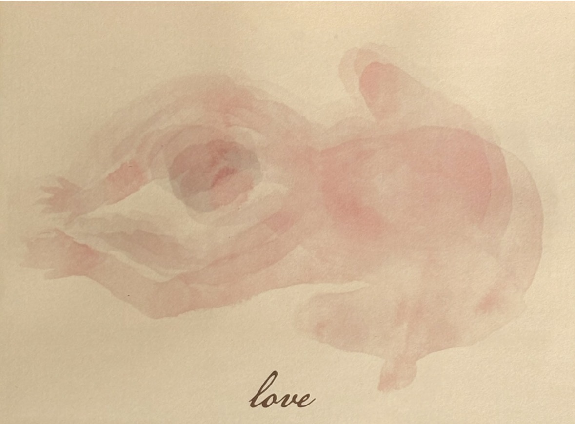 Soft watercolor painting of a hand holding a heart, with the word love written below, in light pink and beige tones.
