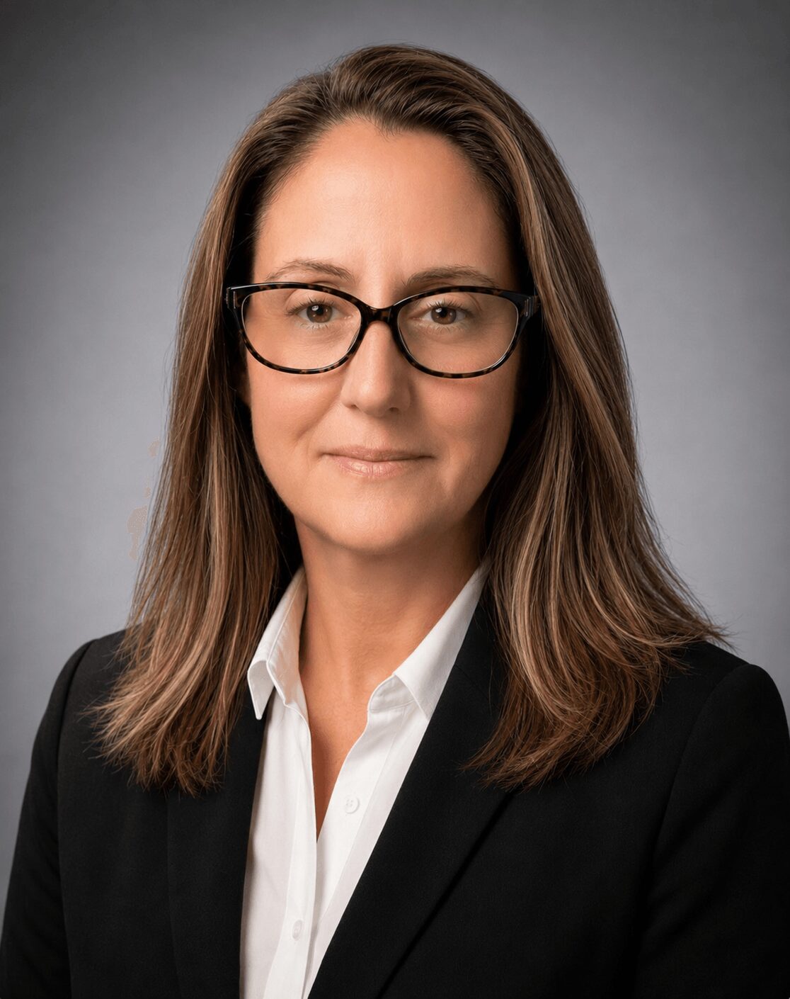 Woman with shoulder-length brown hair, glasses, wearing a black blazer and white shirt, against a gray background.