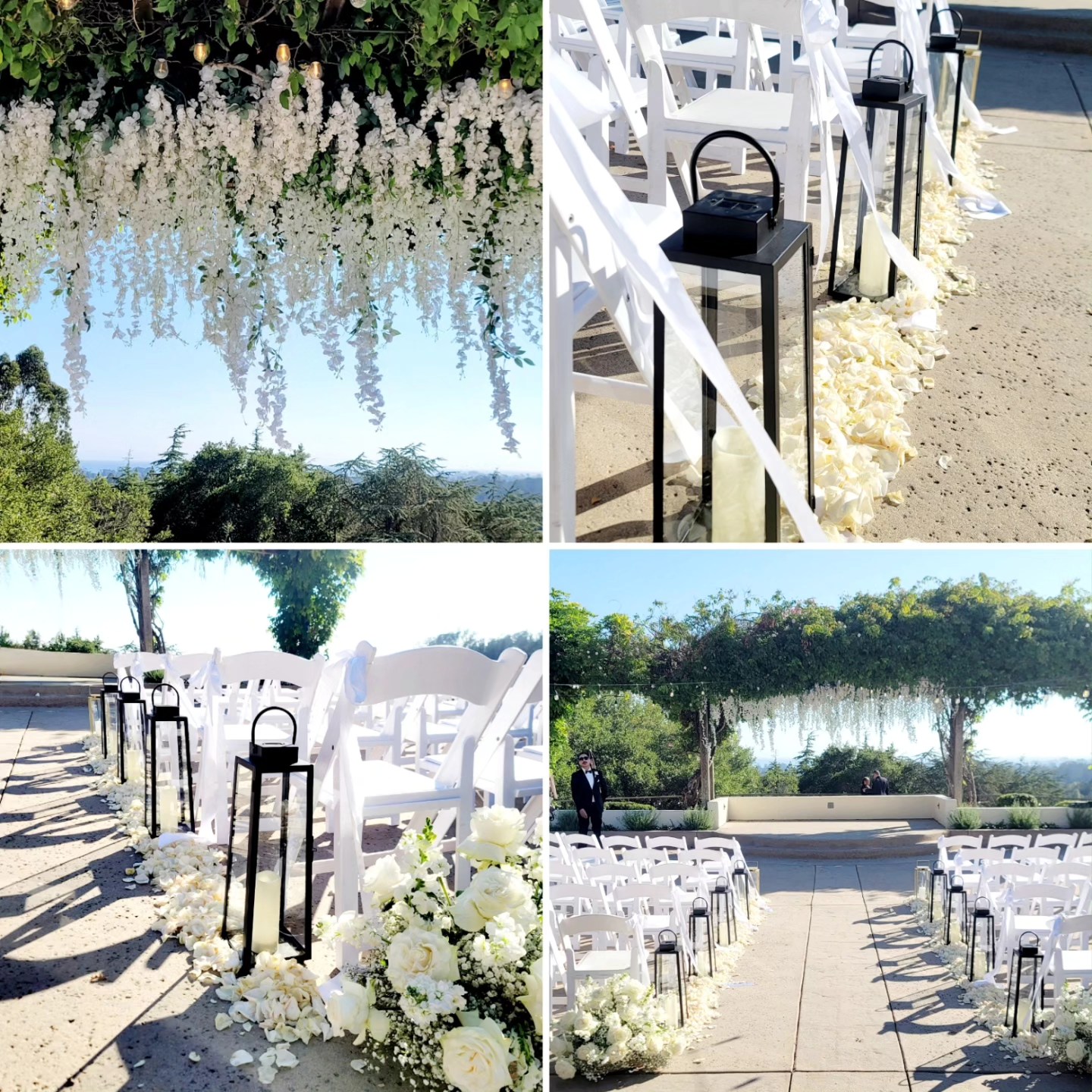Four images of outdoor wedding setup with chairs, flowers, and trees, arranged for ceremony, with white and black decor, and floral arrangements.