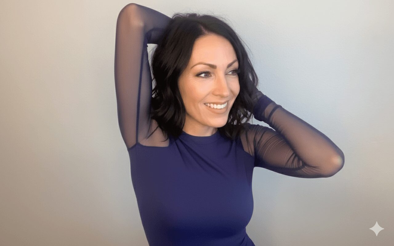 Woman with dark hair smiling, wearing a navy blue top with sheer sleeves, standing against a plain background.